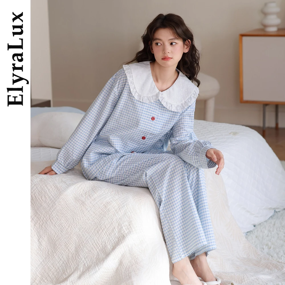 

ElyraLux Vintage Elegant Women's Pajama Set 190g Double-Layer Cloud-Cotton Long Sleeve Princess Collar Button Front Nightwear