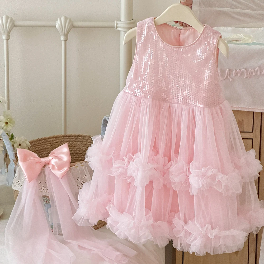 Girls Sequin Tulle Tiered Dress for Birthday Party Summer Sweet Sleeveless Ruffle Layered Bubble Dresses Kids Princess Dress