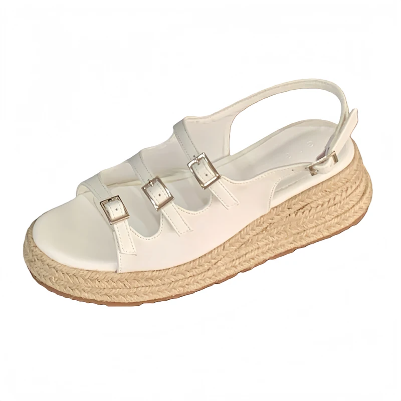 

White Heels Sandals Woman Platform Shoes Summer Back Belt Buckle Straw Weaving Wedges Sandals Black Heels Comfort Mary Jane Shoe