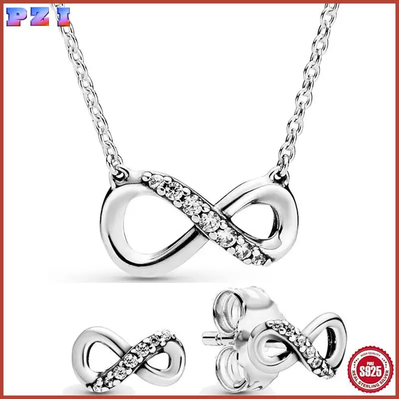 

Authentic 925 Sterling Silver Sparkling Infinity Earring Necklace With Crystal For Women Jewelry Set Gift