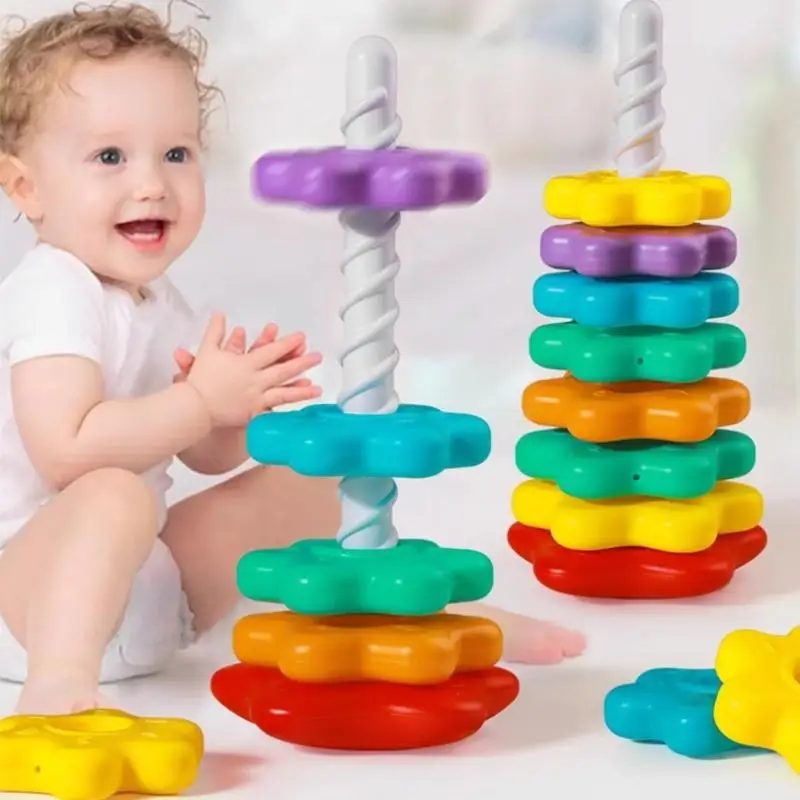 Arco-íris torre empilhamento música cor anel de nidificação 1-3 anos de idade infantil bebê virar torre quebra-cabeça cedo montessori educação brinquedos