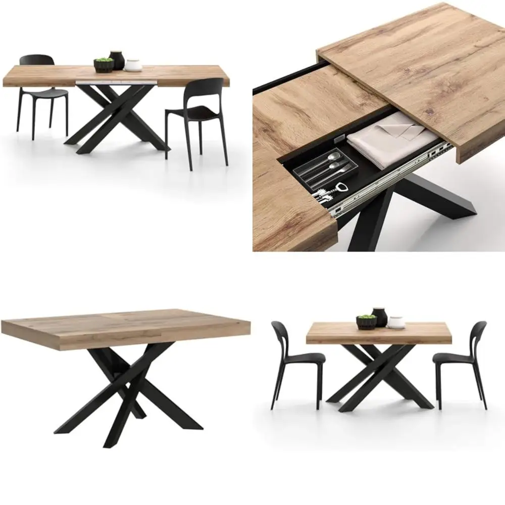 طاولة طعام إيما ريفي أوك قابلة للتمديد بأرجل متقاطعة سوداء ومقاعد تتسع لـ 6-10 أشخاص #1