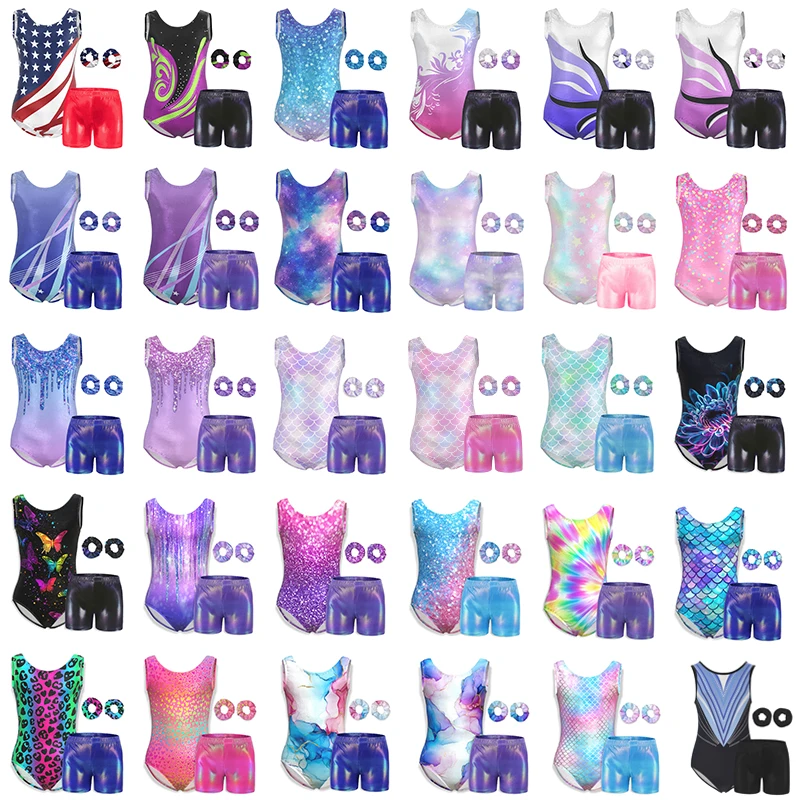 Girls Gymnastics Leotards Kids 4 Piece Sparkle Dance Unitard Toddler Athletic Tumbling Outfits with shorts and hairband #1