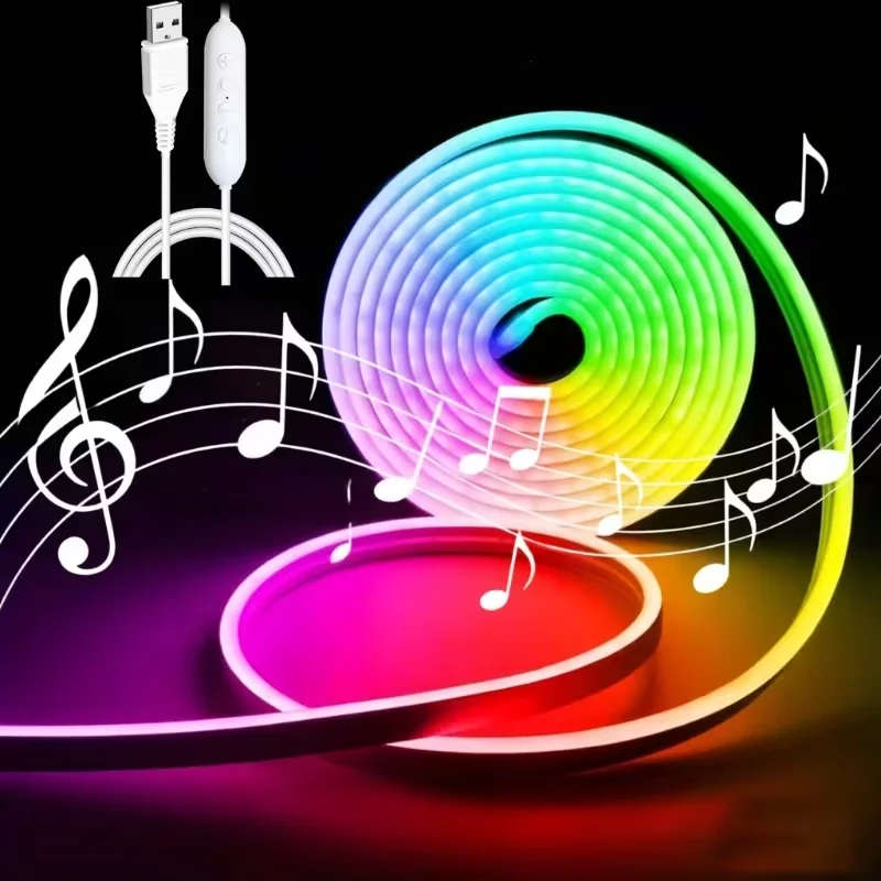 1m to 5m Low-Voltage 5 Rgb Neon Led Light Strips with USB Power Supply, Equipped with 4-Key Control, Allowing for Adjustable Light Color and Brightness, the Lights Can Change with the Rhythm in Music Mode, Flexible Str