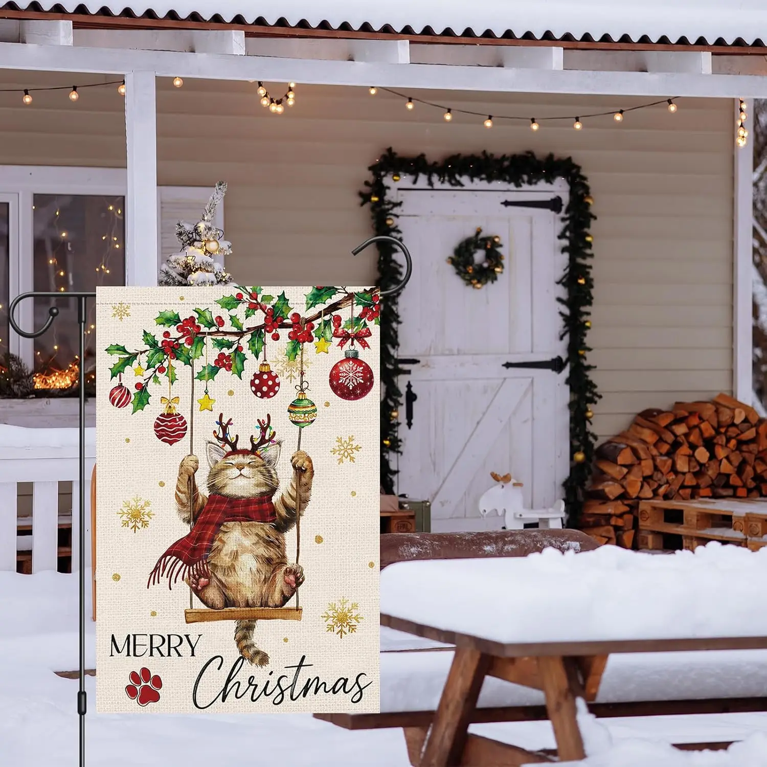Heyfibro Merry Christmas Cute Cat Swing Garden Flag 12x18 Inch Double Sided Burlap, Retro Christmas Ball Snowflake Yard Bann yyi