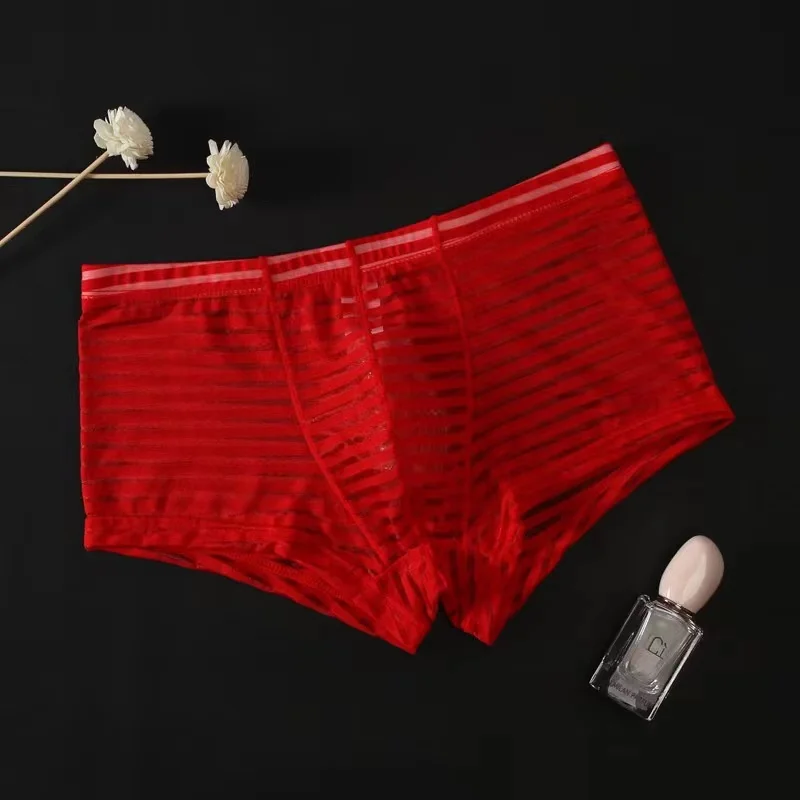 Men Boxer Mens Underwear Boxers Sexy Stripe Men\'s Mesh Transparent Boxer Low Waist Ultra-thin Ice Silk Sexy Breathable