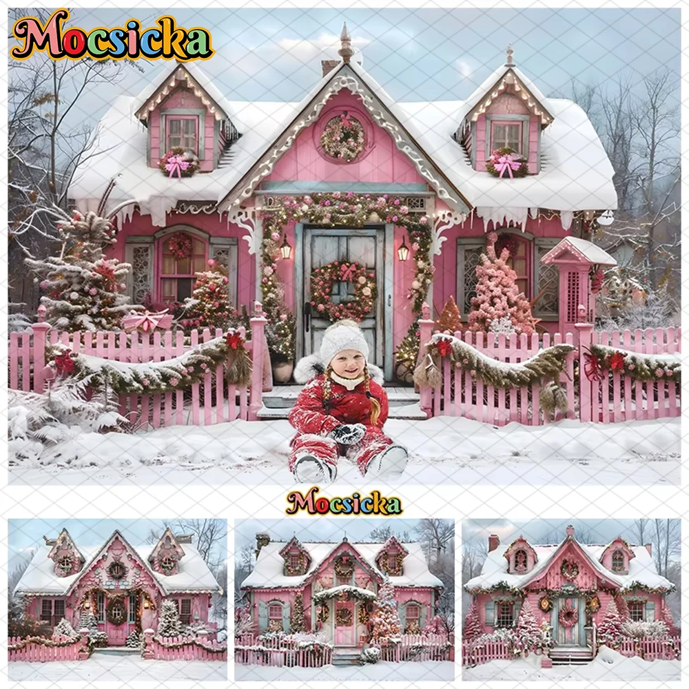 

Mocsicka Christmas Photography Background Pink House Xmas Tree Snow Decoration Family Children Baby Photo Backdrop Studio Banner