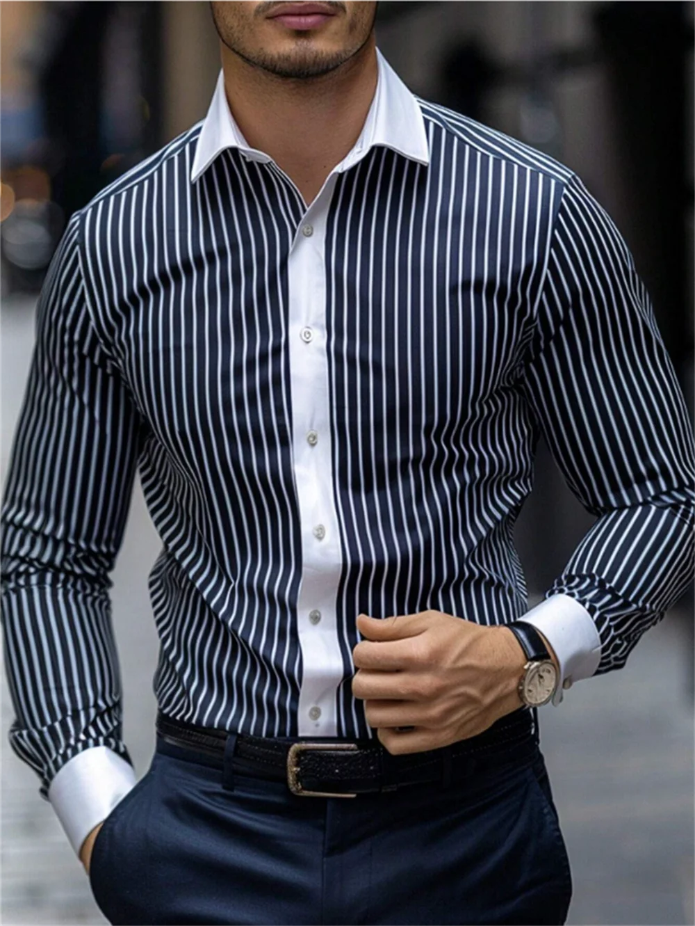 Spring and autumn casual men\'s shirts casual sports striped long sleeve shirts lapel large size men\'s clothing button design