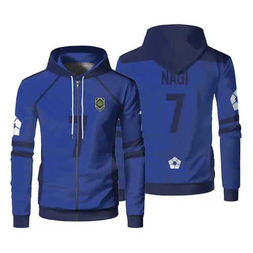 Imagen 2 del producto Isagi Cosplay azul bloqueo cremallera sudaderas con capucha Anime japonés moda tendencia Unisex manga larga sudadera deportes al aire libre entrenamiento Jersey
