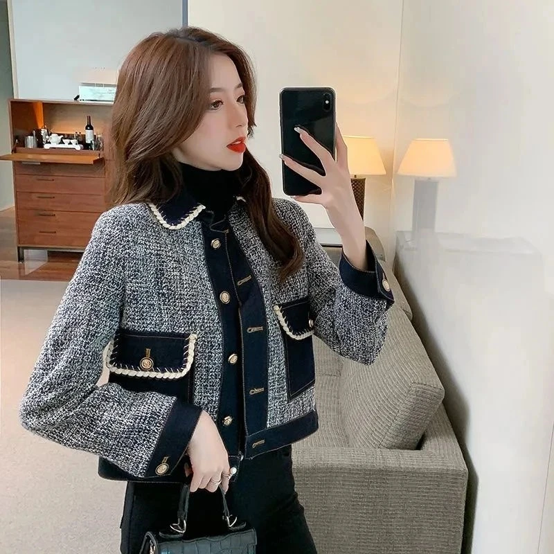 2023 Spring Autumn Women Fashion Korean Denim Jacket   New Design Sense Contrast Stitching Loose Short Long-Sleeved Female Coat