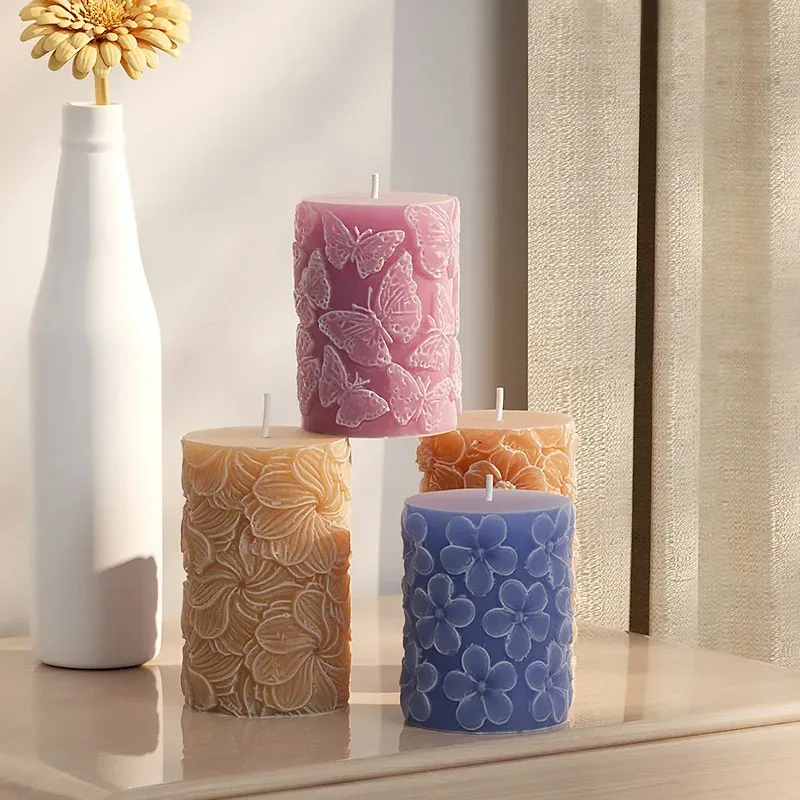 Cylindrical Aromatherapy Candle Silicone Mold DIY Gypsum Cement Butterfly Rose Wave Ornament Crystal Epoxy Resin Mold