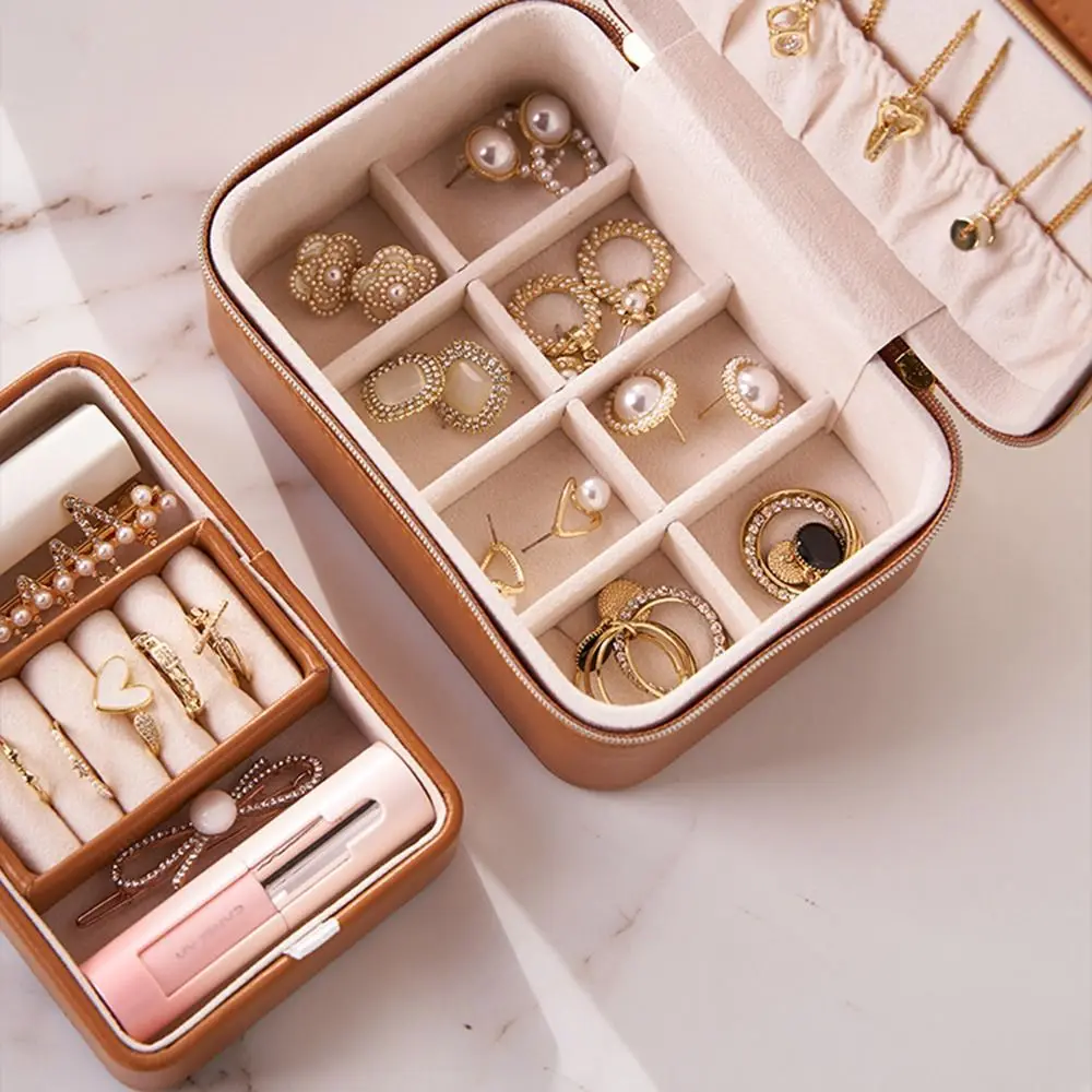 

Fashion Double Layer Jewelry Storage Case Zipper Multi-function Jewelry Boxes Portable PU Leather Jewelry Organizer Home
