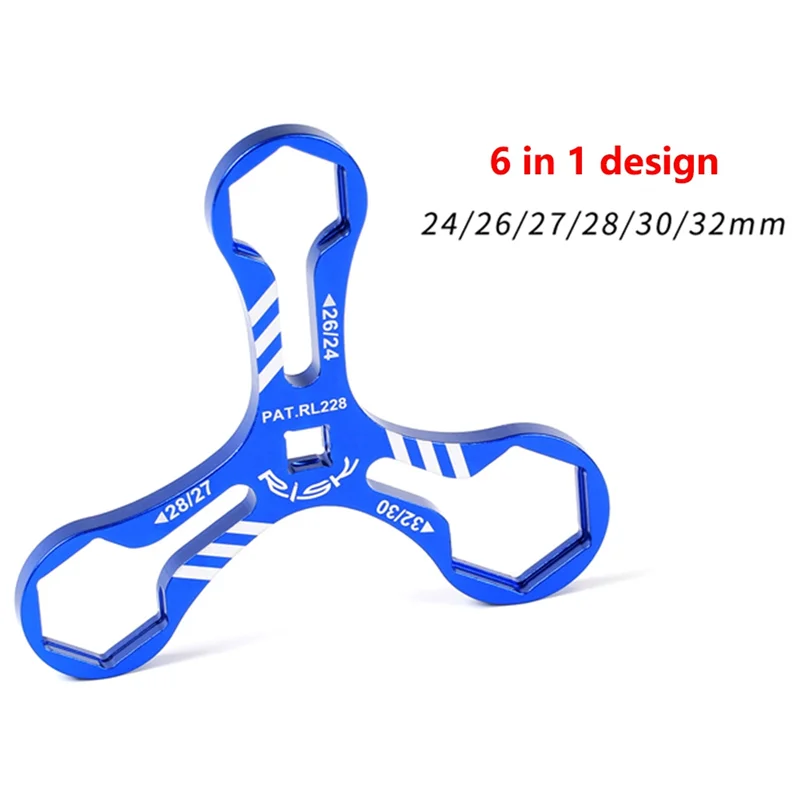 RISK RL228 Bike Fork Wrench Tool Aluminum 6 in 1 Bike Fork Cap Wrench Install/Remove for 24/26/27/28/30/32Mm Blue