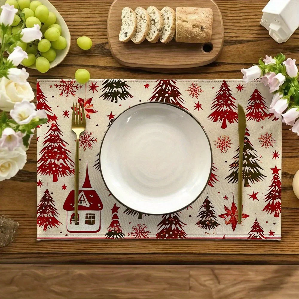 4pcs Festive Christmas Placemats Set Snowy Winter Scene with Red Green Christmas Trees, Snowflakes, and 