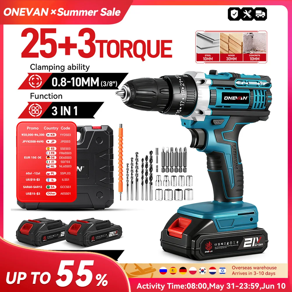 Perceuse à percussion électrique ONEVAN 25+3 vitesses, bleu/rouge, multifonctionnelle, sans fil, compatible avec batterie Makita 18V