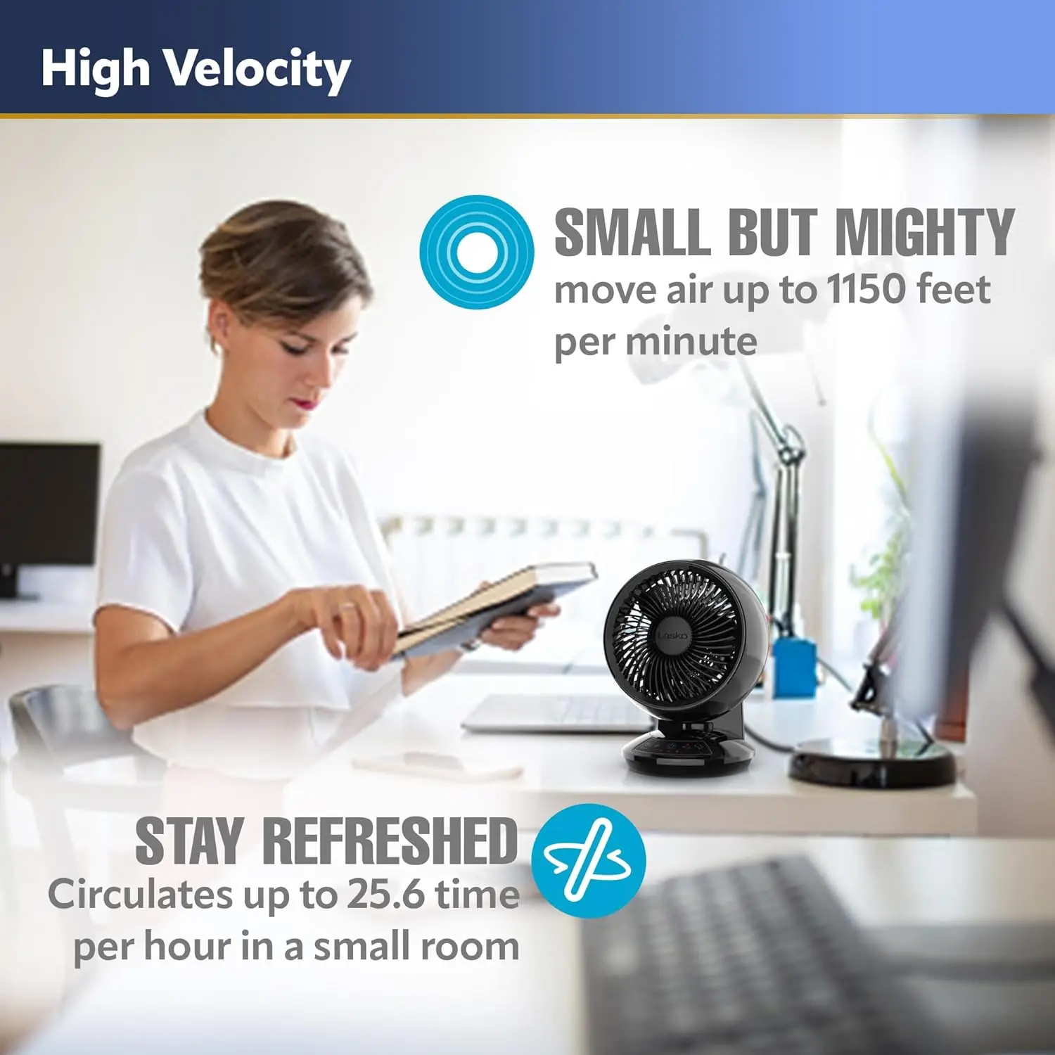 Whirlwind Orbital Motion Air Circulator Table Fan, 3 Speeds, Timer, Remote Control Small and Medium Sized Rooms, Black