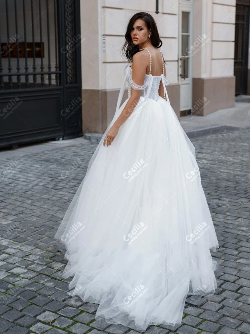 Charming Wedding Dresses A-Line Tulle Tiered Bridal Gowns Pearl Decoration Off The Shoulder Robes Vestidos De Novia Customized