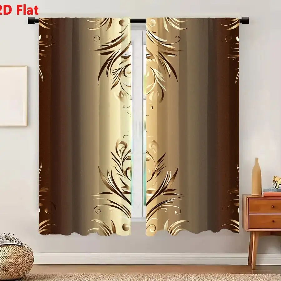 2Pcs Curtains Add 2D Flat Elegant Vertical Gold Floral Pattern On Brown Gradient Background For Luxury Interior Design And Packa