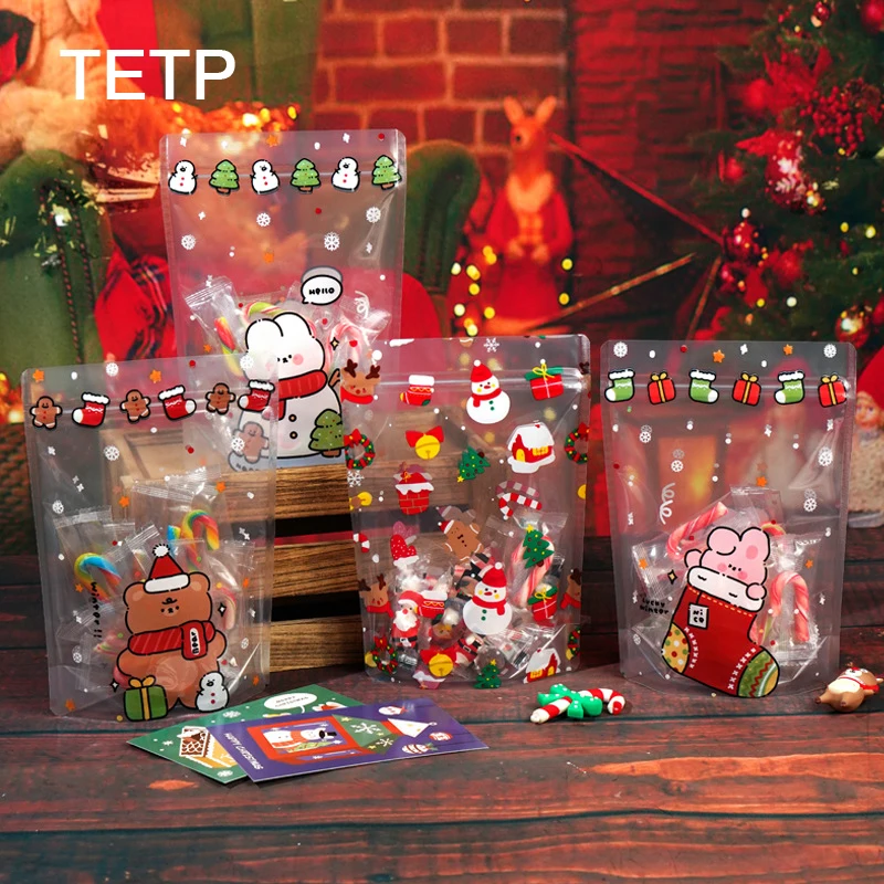 

TETP 100Pcs Transparent Christmas Food Packaging Bags New Year Party For Cookies Candy Chocolate Gift Decoration Wholesale