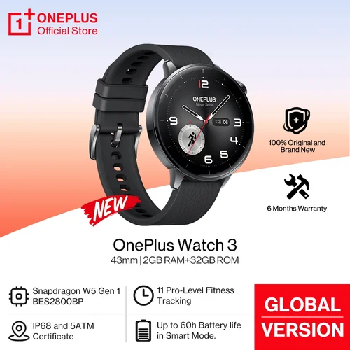 Versión global OnePlus Watch 3 Reloj inteligente de 43 mm Pantalla AMOLED de 1,32 ""Fino a 60 horas de duración de la batería Sistema operativo de Google NFC