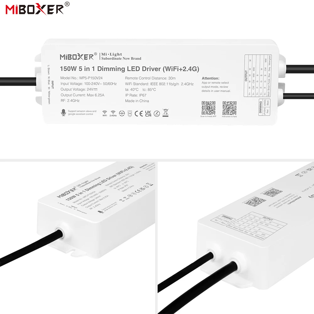 MiBoxer WP5-P150V24 Tuya Smart 24V 150W WiFi+2.4G Dimmer Waterproof Driver for Single Color/Dual White/RGB/RGBW/RGBCCT LED Strip