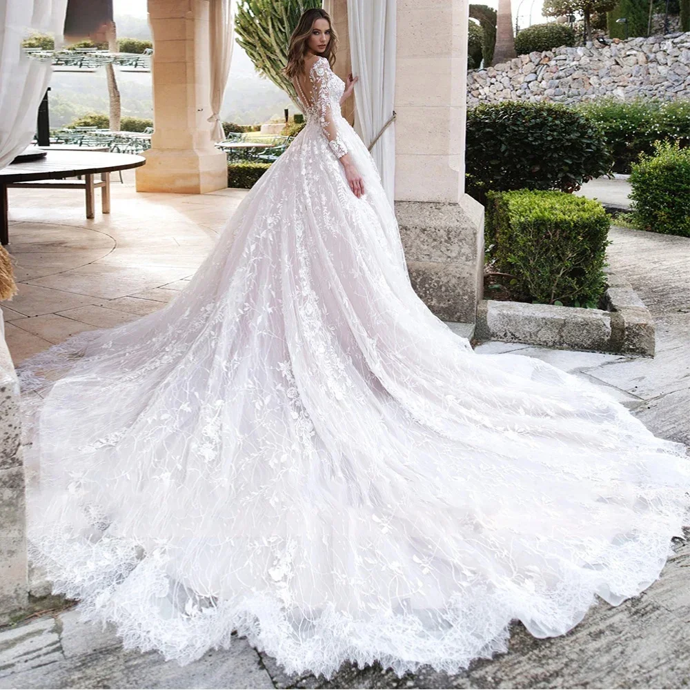 Maßgeschneidertes elegantes Tüll-Hochzeitskleid, Spitzenapplikationen, Pailletten, Perlen, lange Ärmel, Brautkleid, Brautkleid, Vestdo de Novia