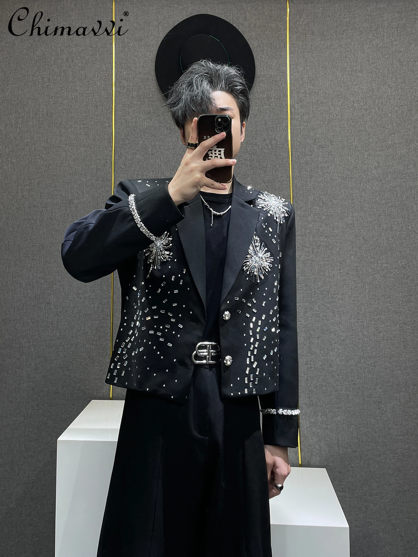 

Heavy Embroidery Black Blazer Men Spring and Autumn High-End Rhinestone Handsome Long Sleeve Performance Suit Short Coat