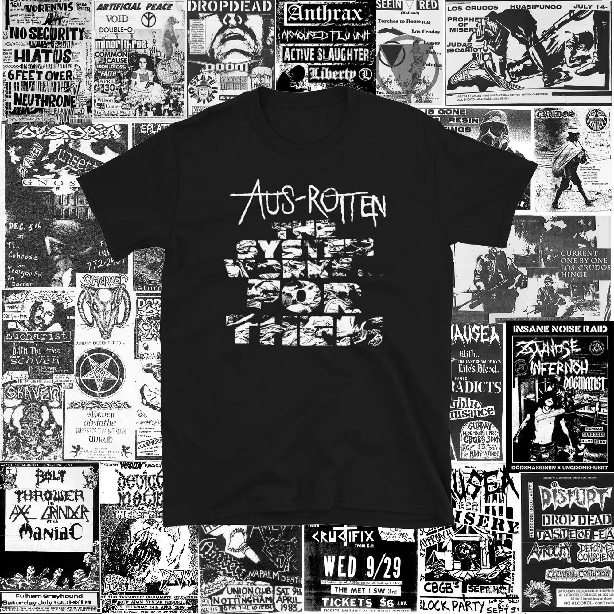 Aus Rotten el sistema funciona para ellos, camisa de manga corta, Punk, Crust, Dbeat, Hardcore, descarga, drama, su héroe se ha ido