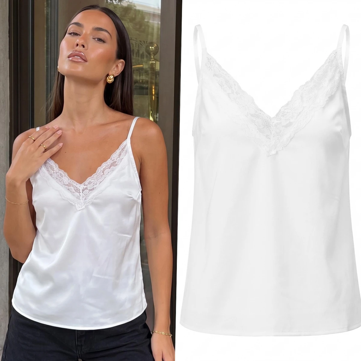 Women's Summer Stain Camisoles Spaghetti Strap Stylish Lace Trim Solid Color Casual V Neck Tank Tops