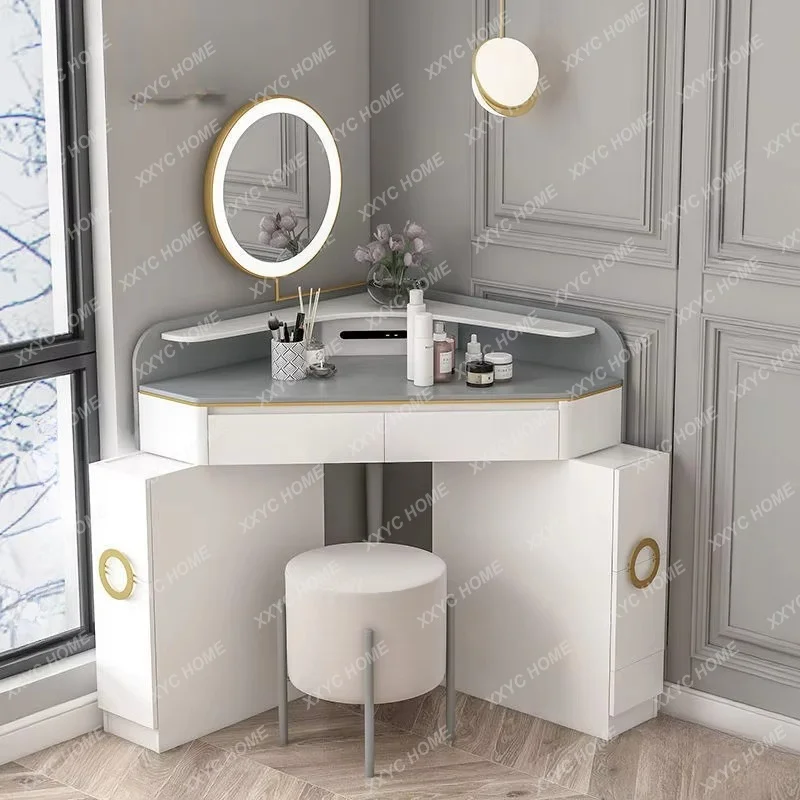 Light Luxury Small Bedroom INS Corner Multi-functional Dresser Table with Mirror and Drawers