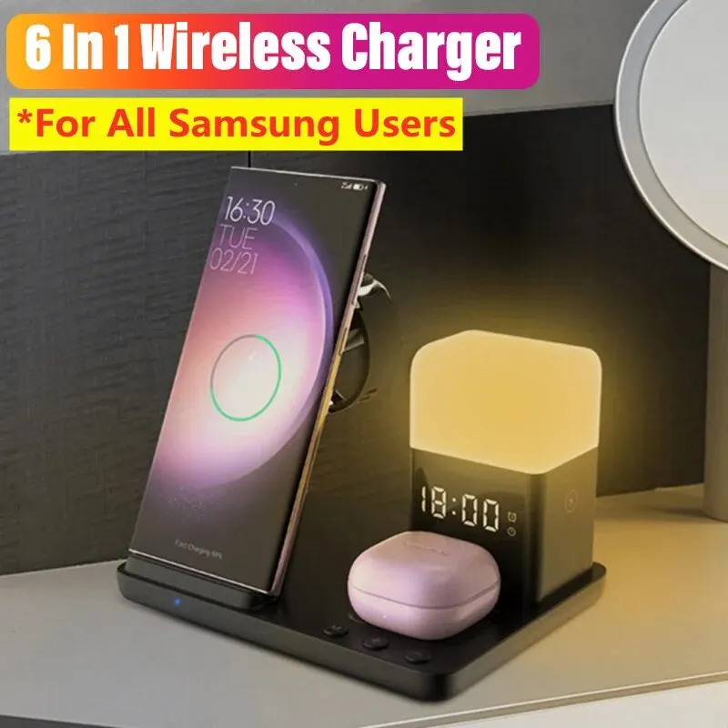 6 In 1 Wireless Charger Stand Alarm Clock Night Light Fast Charging Station Dock for Samsung S23 S22 Galaxy Watch 6 5 4 3 2 Buds