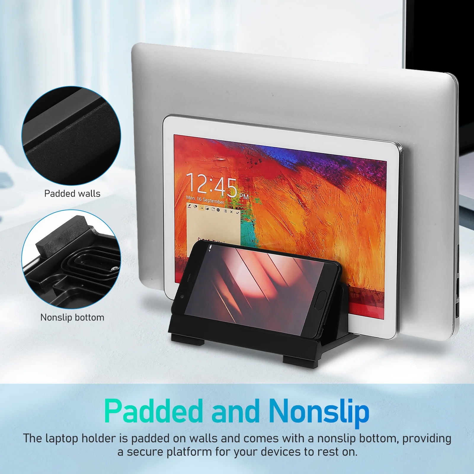 حامل عمودي للكمبيوتر المحمول قابل للتعديل بفتحة مزدوجة حامل كمبيوتر محمول يدعم سطح المكتب منظم مكتب العمل مبطن، #4