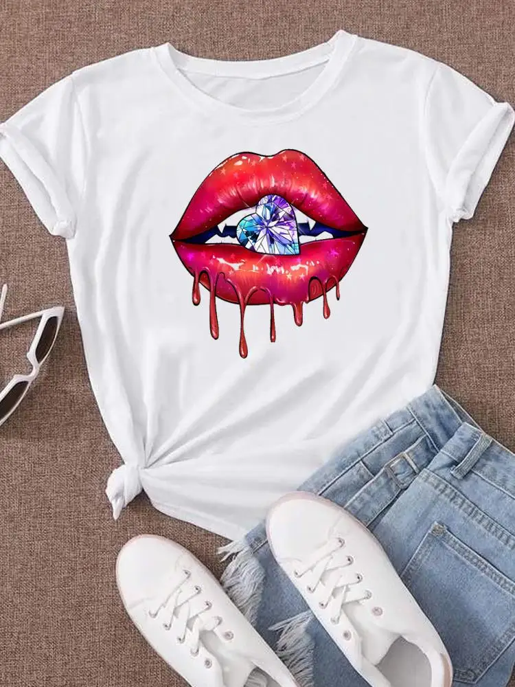 Mode T-Shirt Grafisch T-Shirt Met Korte Mouwen Kledingprint Top Lip Stijl Aquarel Trend Dames Dames Kleding T-Shirt