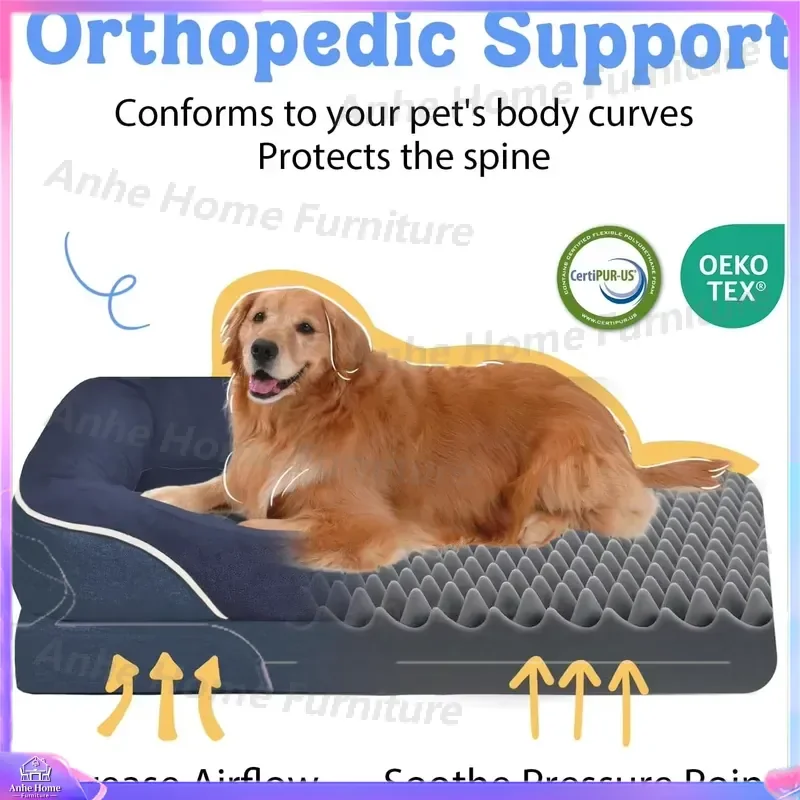Modern Orthopedic Dog Bed Queen Size Removable Cover Waterproof Flannel Non Slip Base Foam Sleeping Comfort Pet Bed for Large