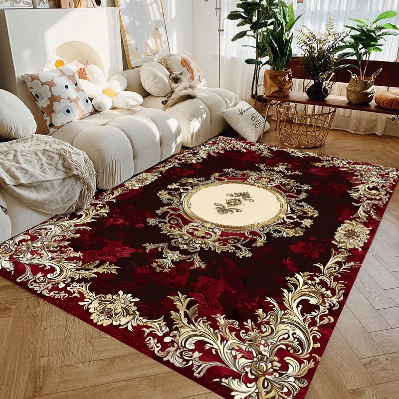 

Luxury Burgundy Gold Floral Medallion Area Rug Traditional Ornate Baroque Carpet Non-Slip Washable Floor Mat for Living Room