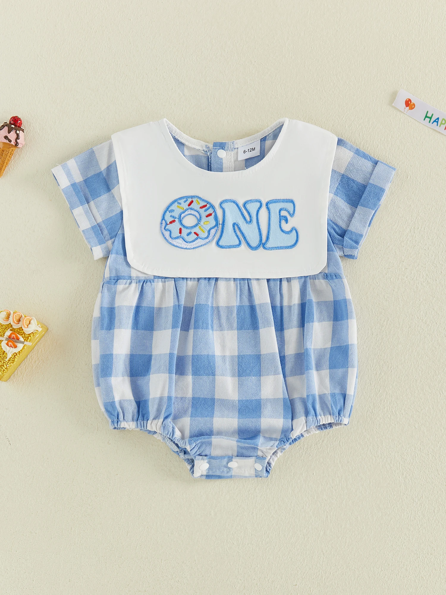 Collar Donut Baby Boy Embroidery Bodysuit First Cape Baby Boy Plaid Romper Bubble First Birthday Outfit Compact