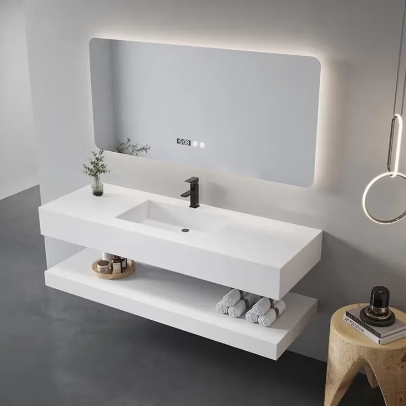 

Cream wind rock slab bathroom cabinet double layer semi-circular mirror rock slab integrated basin