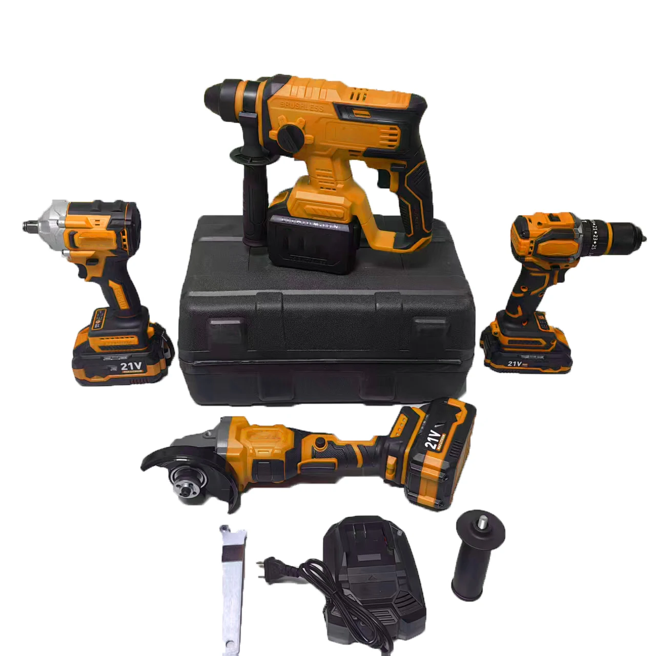 FH 21V Brushless Motor Lithium Battery 4-in-1 Power Tool Set Hammer Drill Impact Wrench Angle Grinder Carbon Steel OEM Hard Case
