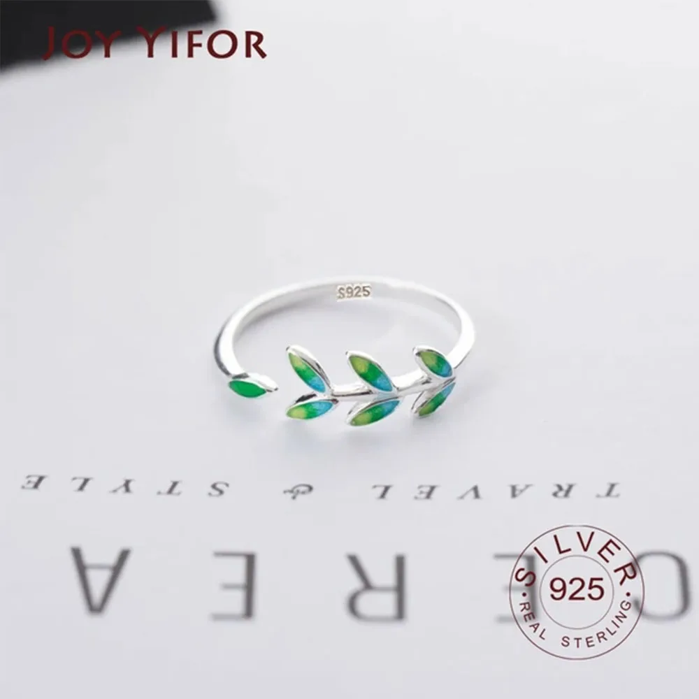 Anelli di apertura ridimensionabili alla moda femminili alla moda in argento Sterling 925 con temperamento creativo fatto a mano in foglia verde