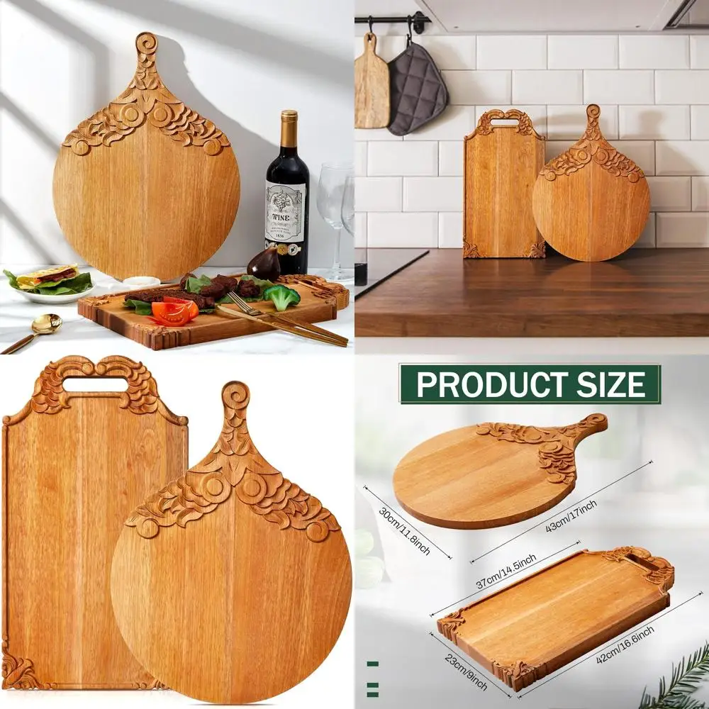 

Mango Wood Dual-Piece Cutting Boards with Handle, Large Scalloped Serving Tray, Checkered Paddle Set for Meat, Fruit, Pizza, and