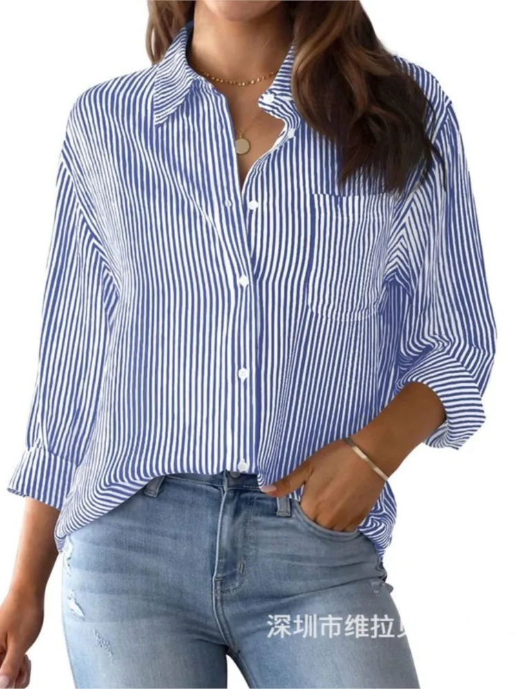 Fashion Women's Top Lapel Pocket Single Breasted Classic Striped Long Sleeve Shirt 2024 Autumn Elegant Office Women's Wear