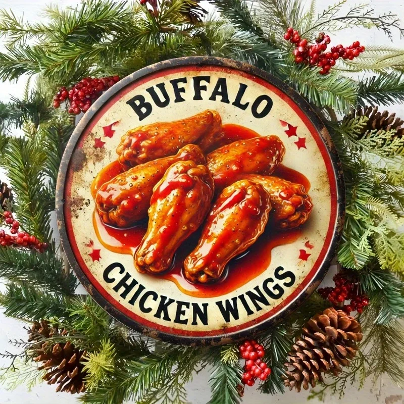 Vintage Metal Steak Wings Sign 8x8 Round Tin Wall Art for Bar Cafe Kitchen Decor