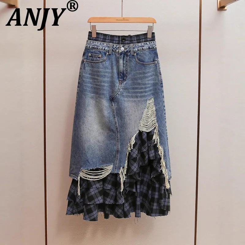 ANJY 秋の新女性ハイエンドファッションフェイクツーピース不規則なデザインスリットデニムスカートオフィスレディシックイン A ラインスカート A12664