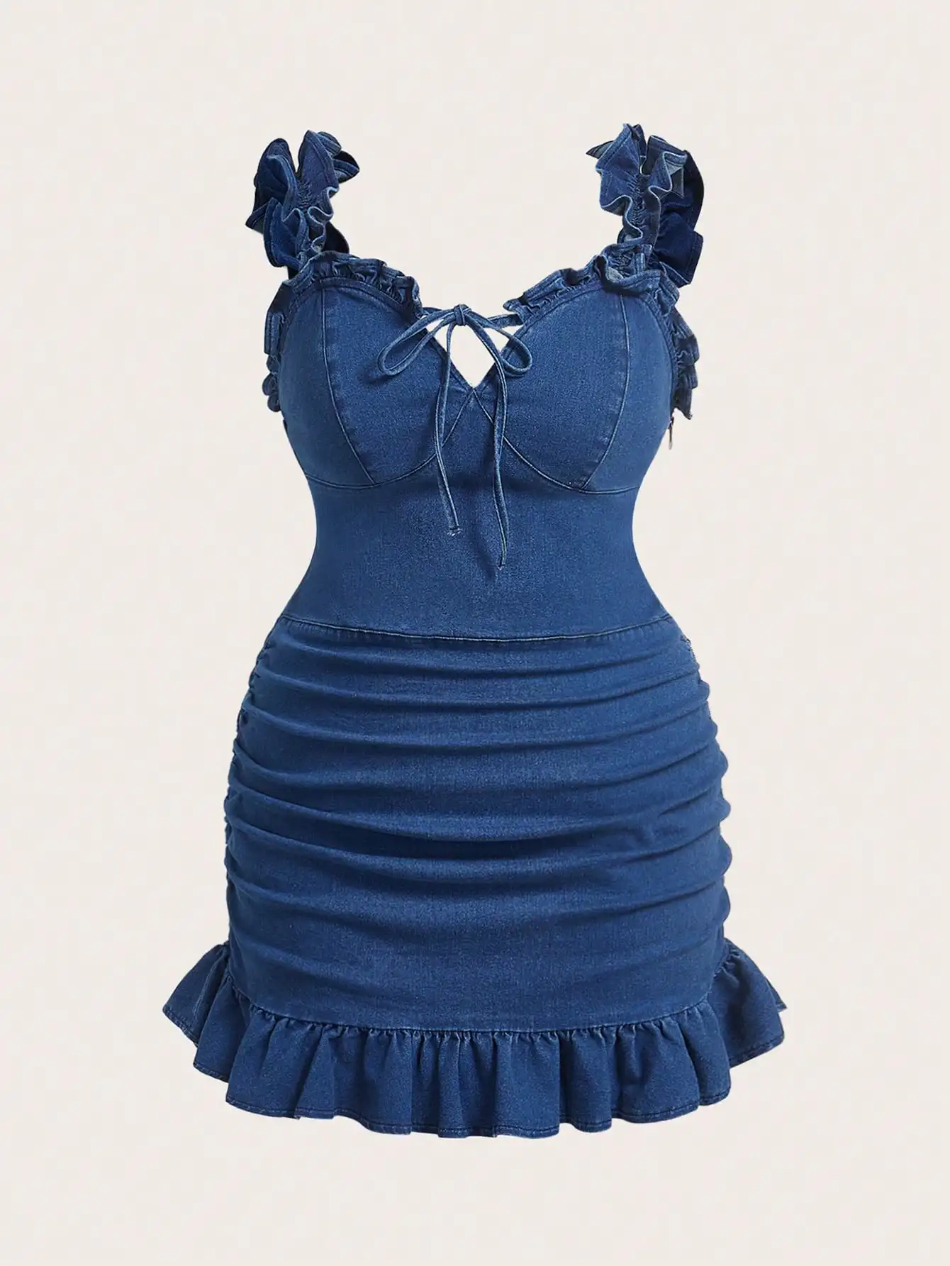 

Plus Size Ruffled Hem Shirred Fitted Denim Dress