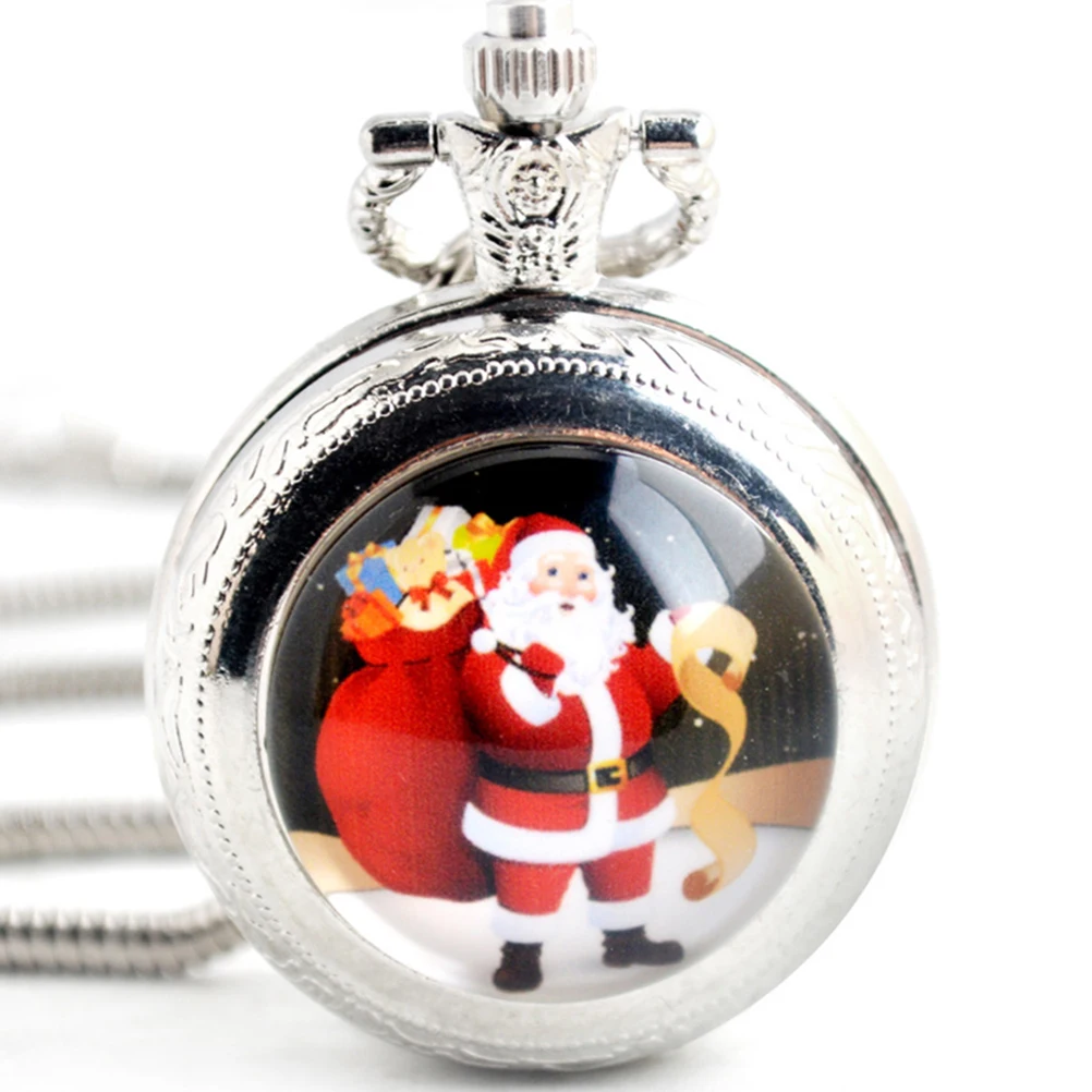 

Quartz Pocket Hanging Watch Zinc Alloy Vintage Men Silver Chain Xmas Pattern Hanging Decorative Sturdy Durable