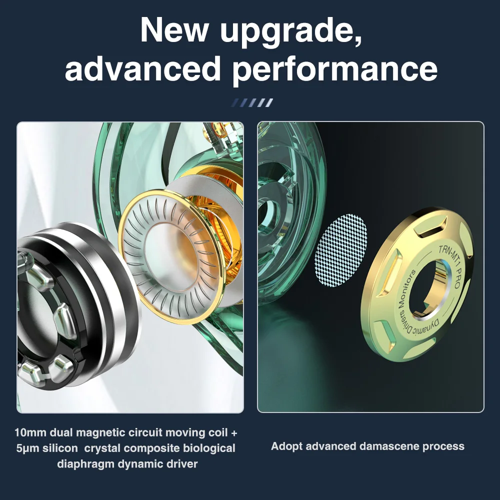 TRN-MT1 Pro Hi-FI 1DD 다이나믹 인 이어 이어폰 드라이브, HIFI 베이스 메탈 모니터, 러닝 스포츠 헤드폰, 샤오미/화웨이/아이폰 호환