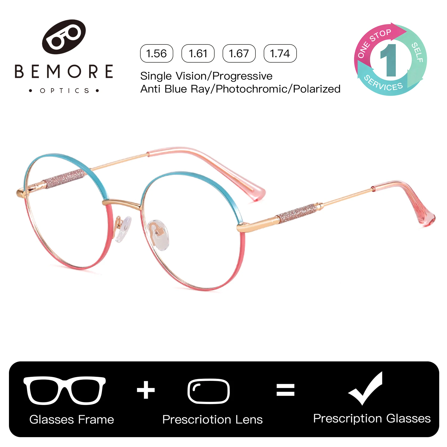 

BEMORE Round Optical Glasses with Prescription Women High Quality Metal Myopia Photochromic Anti Blue Light Medical Eyeglasses