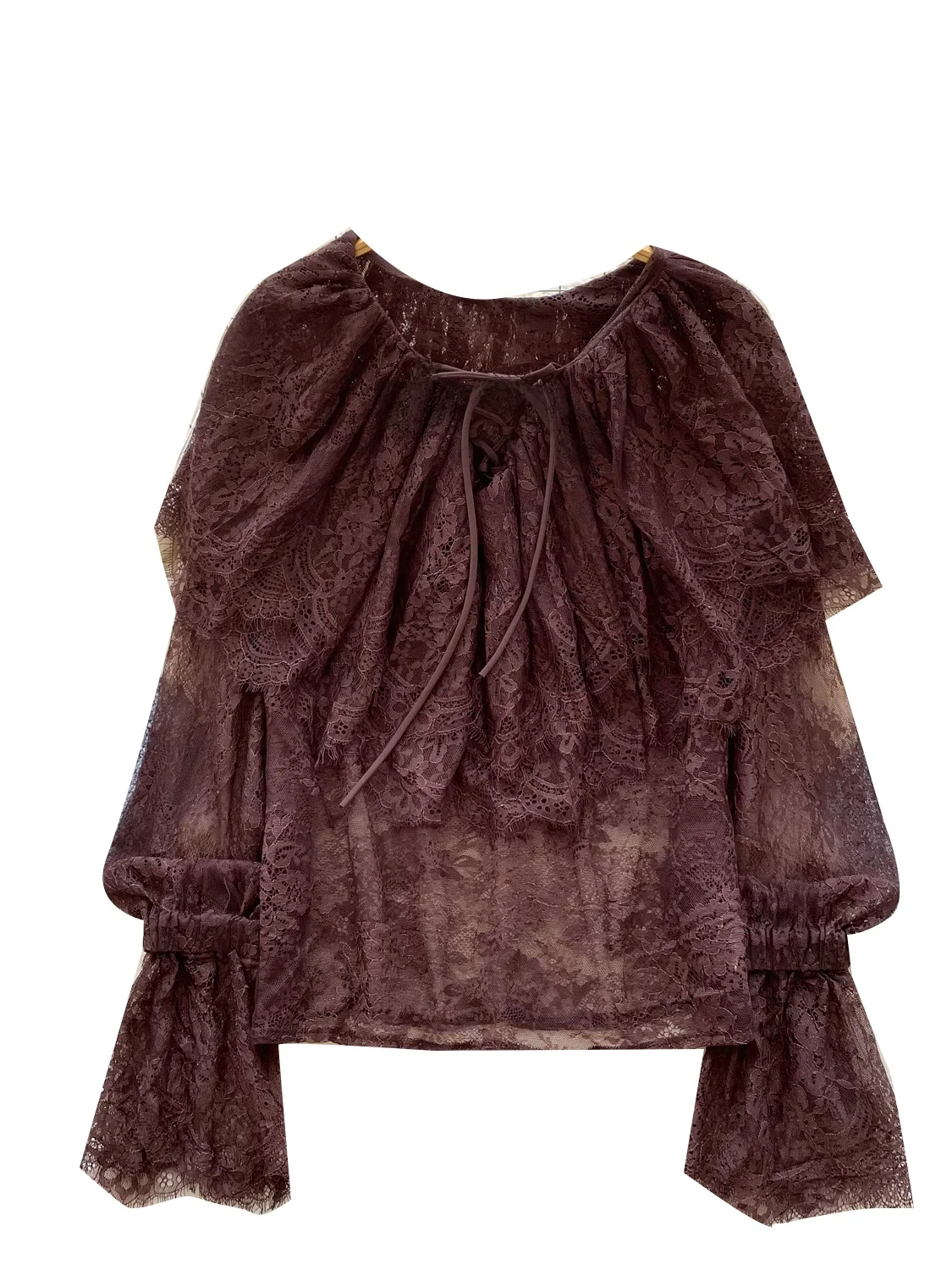 Süßes, sanftes SLE-Spitzenbesatz mit Gürtel, rund, Ne Bell Sve, dünnes Oberteil für Damen, Herbst-Außenabdeckung, irt, lockere Passform, atmungsaktiv