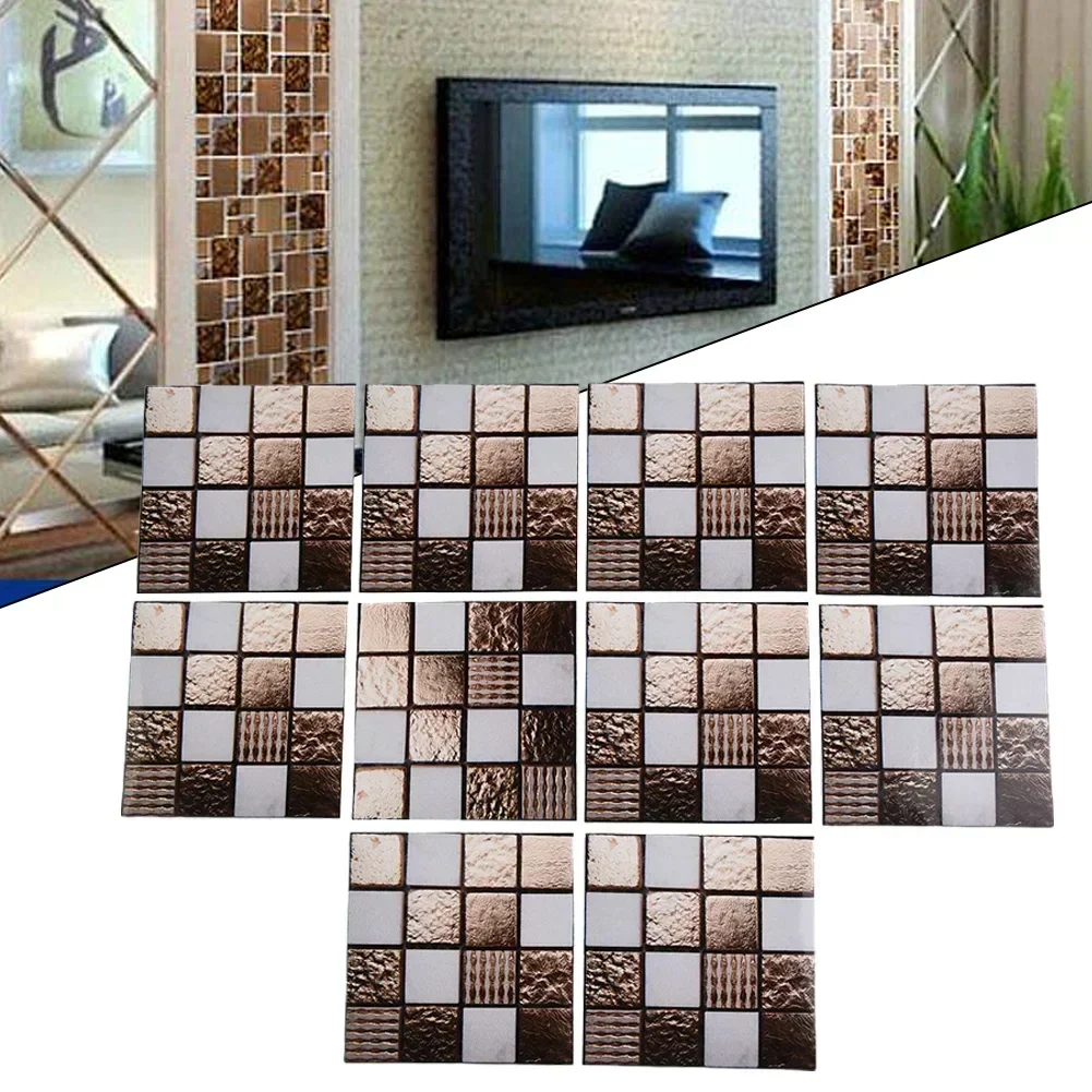 10pcs Self-Adhesive Wall Tiles Sticker Home Kitchen Bathroom Wall Mosaic Squares Sticker DIY Wall Stick Decoration