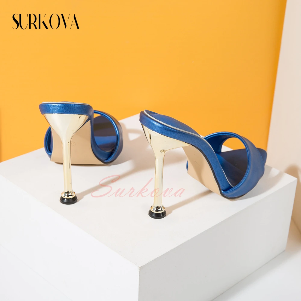 Metal Stilettos Peep Toe Sexy High Heels Slippers Crocodile Pu Fashion Runway Shoes Solid Pointed Open Toe Sandals Women Shoes
